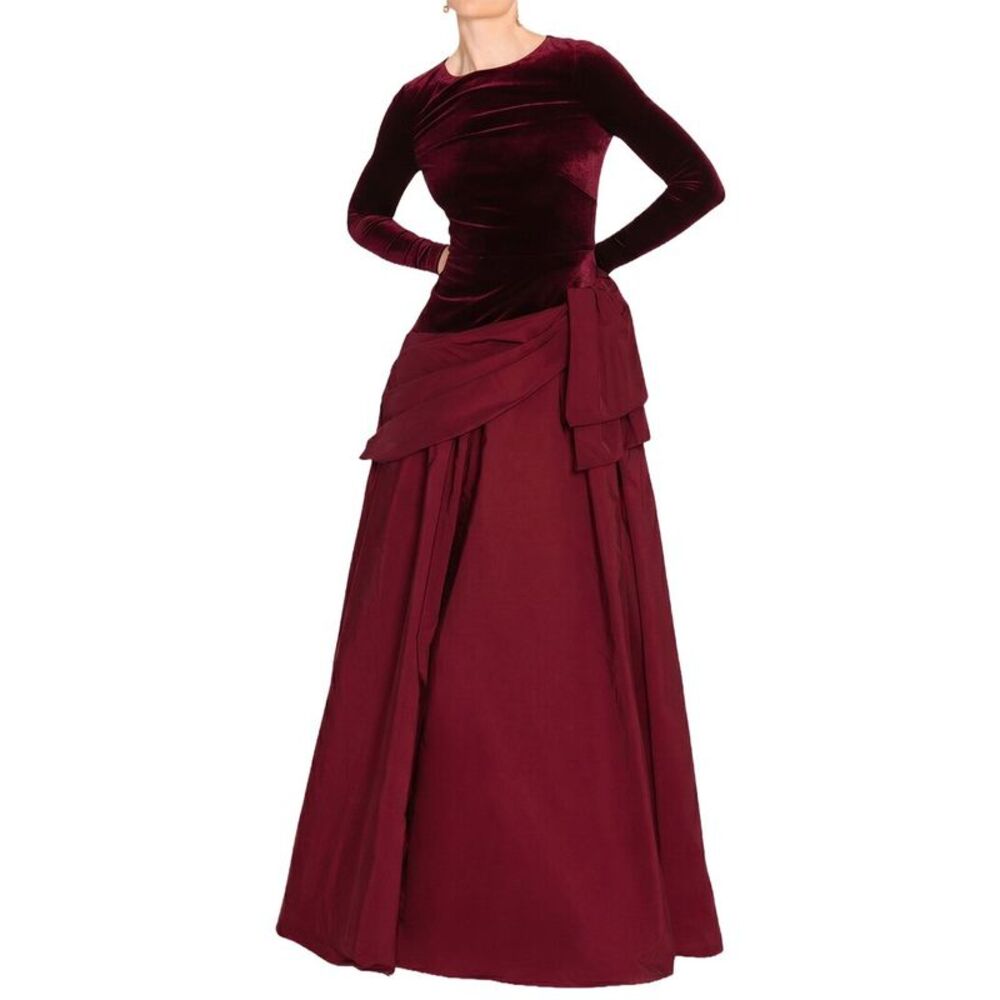 Marchesa Notte Womens Stretch Velvet Long Sleeve Gown, Red